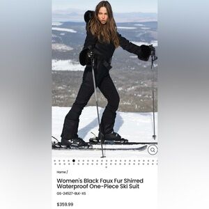 Women's Black Faux Fur Shirred Waterproof One-Piece Ski Suit